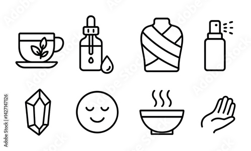 Wellness and relaxation icon set – outline style spa and meditation symbols for self-care, holistic health, and tranquility: tea cup, essential oil, massage bottle, crystal, meditation face, incense