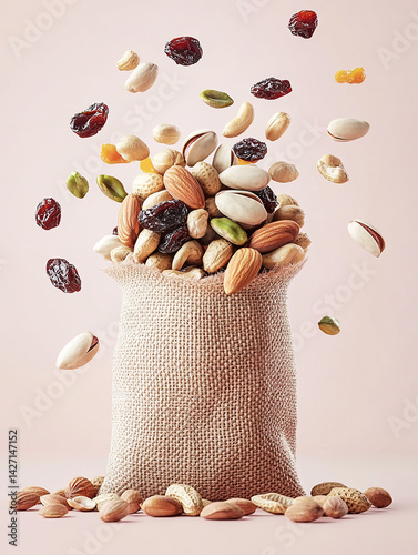 mixed nuts, including pistachios, peanuts, dried sour cherries, sunflower seeds, and sunflower seed kernels, falling from the top right corner into an open brown jute bag wit