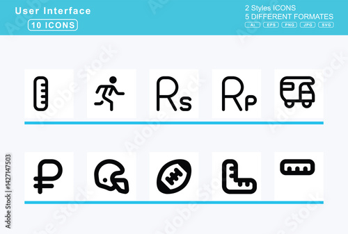 Set of 5 solid user interface icons,route, highway, interstate, rss, ruble, sign