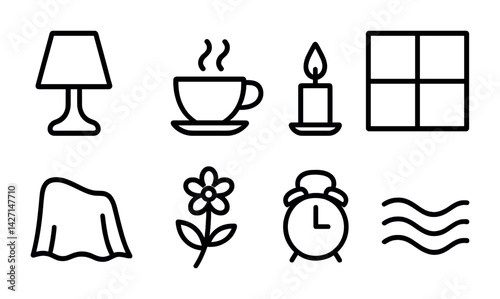 Home decor icon set – outline style symbols for interior design, room accessories, and decoration: lamp, coffee cup, candle, window, blanket, flower, clock, waves