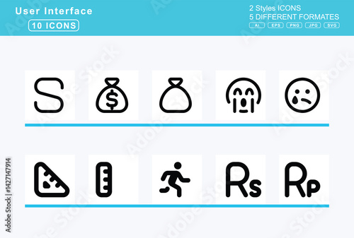 Set of 5 solid user interface icons,rugby, helmet, ruler, combined, horizontal, triangle