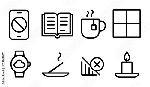 Lifestyle and relaxation icon set – outline style symbols for wellness, leisure, and mindfulness: phone off, book, coffee mug, window, watch, incense, no sound, candle