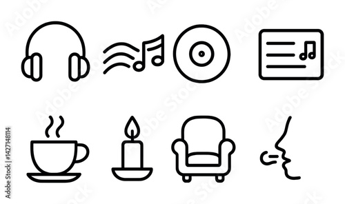 Music and relaxation line icon set – outline style audio and comfort symbols for leisure and harmony: headphones, music note, vinyl, playlist, coffee cup, candle, armchair, aroma