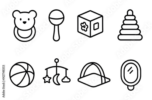 Baby toys outline icons set – minimalist playtime symbols for infant engagement and fun: teddy bear, rattle, block, stacking rings, ball, mobile, swing, mirror