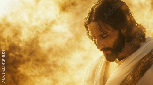 Jesus Christ with a white robe, golden background