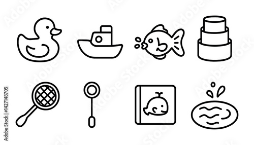 Aquatic and bath outline icons set – minimalist water-themed symbols for children's play, bath time, and aquatic fun: duck, boat, fish, cake, racket, bubbles, pool