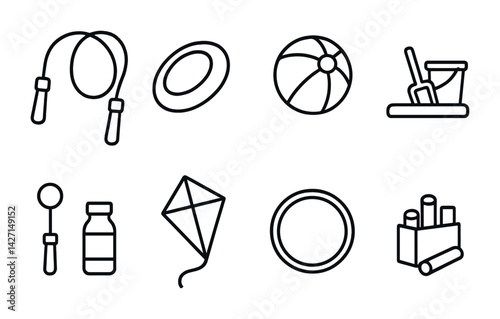 Playground and recreation icon set – linear style fun and outdoor activity symbols: jump rope, frisbee, beach ball, sandbox, bubbles, kite, hula hoop, chalk