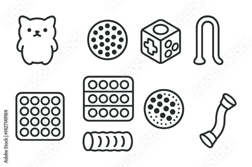 Fidget toy icon set – outline style stress relief, sensory play, and adhd tools: spinner, infinity cube, pop tube, stress ball, marble mesh, pop it, puzzle cube, fidget pad