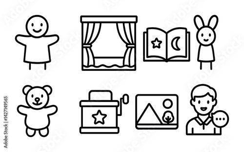 Children's education icon set – outline style learning and teaching symbols for early childhood, storytelling, and imagination: book, teddy bear, puppet, theater stage, teacher
