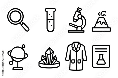 Science and education icon set – outline style research and discovery symbols for laboratory, chemistry, physics: microscope, test tube, magnifying glass, volcano, model, crystal, lab coat, document