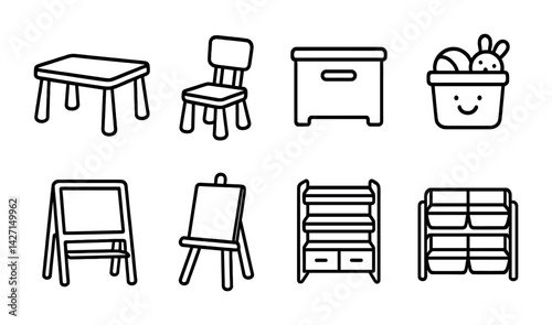 Children's furniture icon set – outline style nursery and playroom decor symbols: table, chair, toy box, art easel, bookshelf, storage bin, toy basket