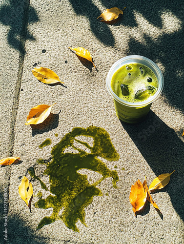 A single spilled iced matcha latte on a concrete, green liquid and ice scattered on the concrete, cup is lying lies on its side
