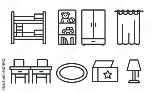 Children's room outline icon set – linear style furniture and decor symbols for kids' bedroom: bunk bed, toy shelves, wardrobe, curtains, study table, rug, lamp, storage box