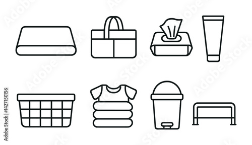 Laundry and cleaning icon set – outline style washing and hygiene symbols for detergents, storage, and organization: towel, basket, hamper, soap dispenser, bucket, tissue