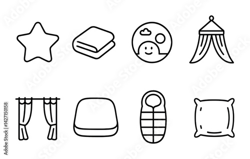 Sleep and relaxation icon set – outline style bedtime and comfort graphics for rest and calm: star, blanket, sleeping baby, canopy, curtain, pillow, sleeping bag