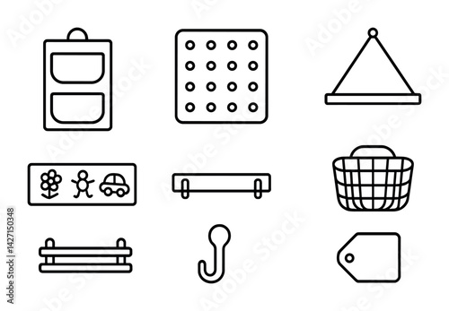 Home organization outline icon set – linear storage and decor symbols for interior planning, space management, and minimalist design: shelf, hook, tag, basket, sign, panel, grid