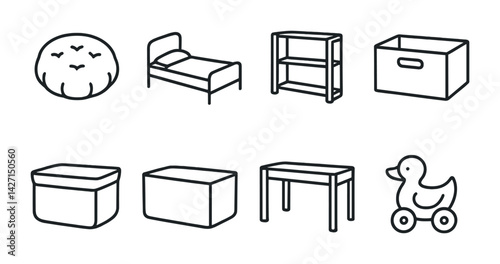 Minimalist household icon set – outline style home essentials and furniture symbols: bed, shelf, storage box, table, toy duck, bean bag