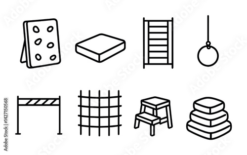Gymnastics equipment icon set – outline style fitness and training symbols for athletic skills, exercises, and workout: climbing wall, mat, ladder, rings, hurdle, net, step, pyramid