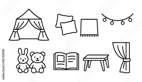 Bedroom decor icon set – outline style home and interior design elements for cozy living, functional spaces: tent, pillows, rug, string lights, teddy bear, book, stool, curtain