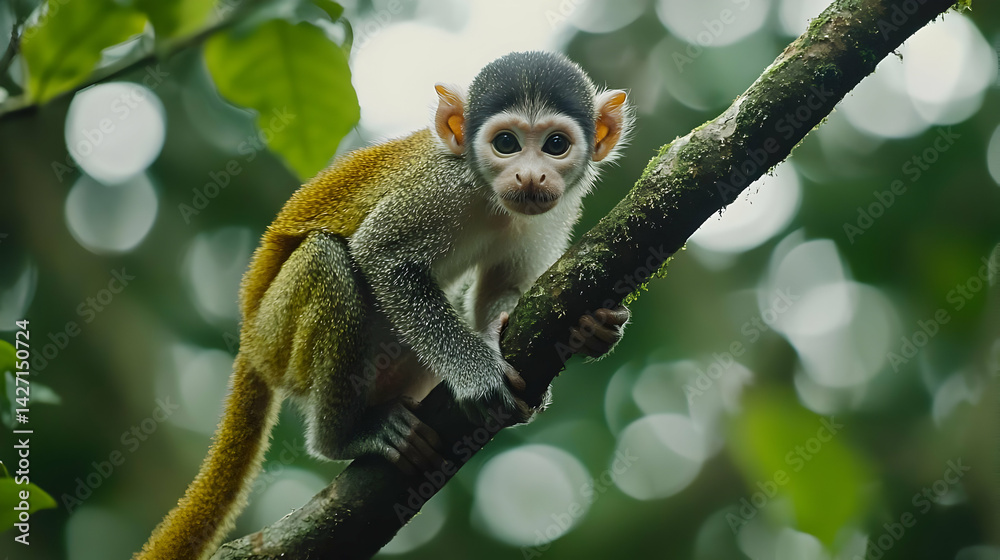 Naklejka premium Golden-Spotted Monkey On Jungle Branch