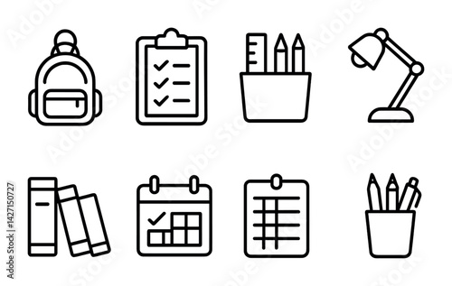 Education and school supply icon set – outline style academic and student tools for learning and organization: backpack, clipboard, lamp, bookshelf, calendar, pencil holder