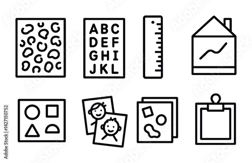 Education and school icon set – outline style learning symbols for classroom resources and teaching tools: alphabet, ruler, house, geometric shapes, photos, clipboard