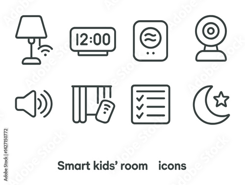 Smart kids' room icon set – outline style symbols for child safety, comfort, and technology: lamp, alarm clock, thermostat, camera, speaker, library, checklist, moon