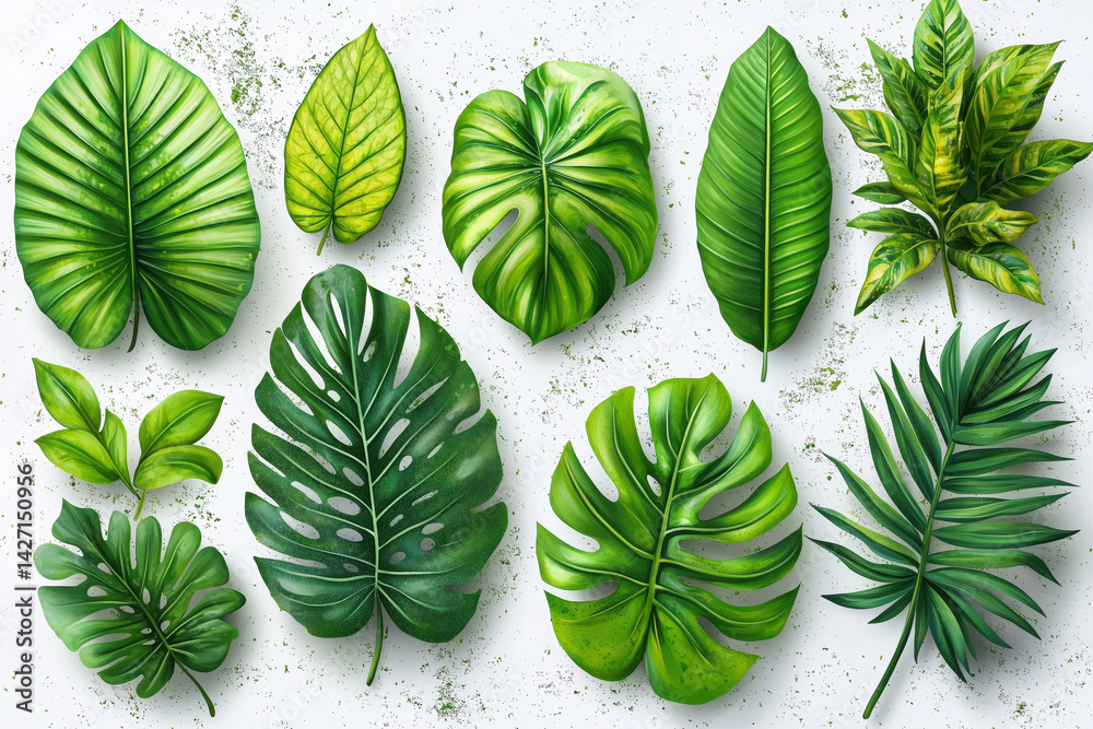 Set of Tropical leaves isolated on white background. Beautiful tropical exotic foliage
