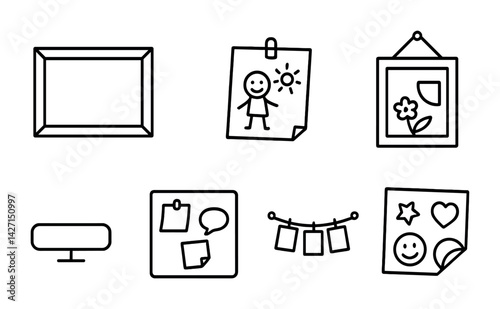 Home decor outline icons set - flat style art, photo, and creativity symbols for home aesthetics: frame, artwork, photo, memo, bulletin board, picture hanging.