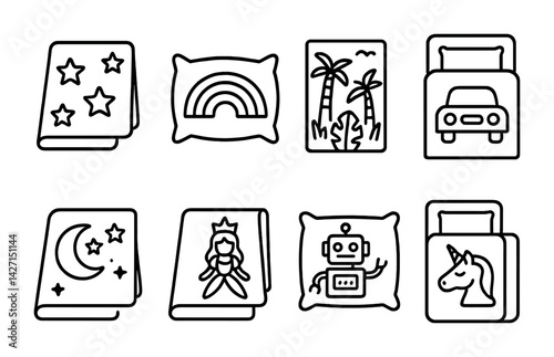 Children's book and bedtime icon set – outline style for storytelling and bedtime themes: stars, rainbow pillow, tropical scene, car bed, moon book, fairy tale, robot story, unicorn cover