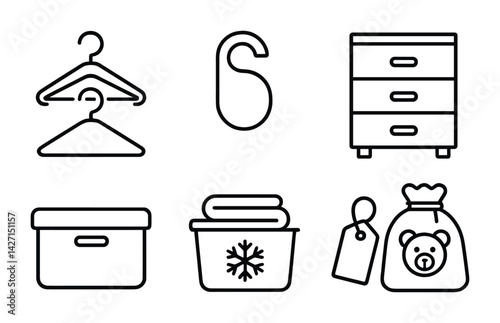 Household organization icon set - outline style for home management and storage solutions: hanger, doorknob sign, dresser, storage box, ice bucket, teddy bear bag