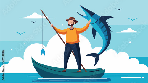 A lone fisherman stands triumphantly in his boat as he holds up a massive marlin caught during a competitive fishing event.. Vector illustration
