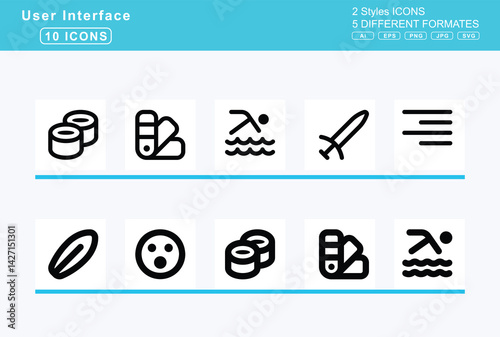 Set of 5 solid user interface icons,sunrise, sunset, superscript, surfing
