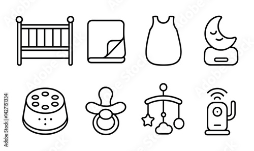 Baby essentials icon set – outline style symbols for nursery and childcare items: crib, blanket, sleeping bag, night light, white noise machine, pacifier, mobile, baby monitor
