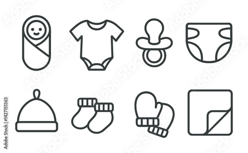 Baby essentials icon set – outline style newborn and infant symbols for parenting and nursery needs: swaddle, onesie, pacifier, diaper, hat, socks, mittens, blanket