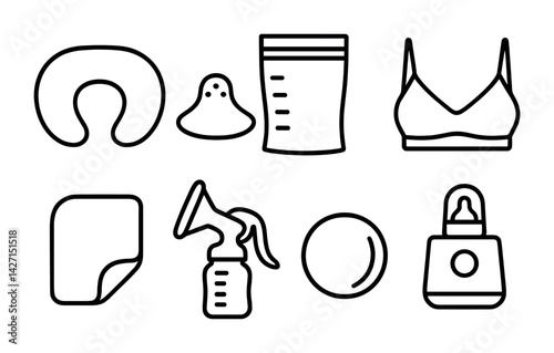 Breastfeeding and nursing outline icons set - flat style baby care and motherhood symbols for parenting and infant needs: nursing pillow, breast pump, baby bottle, nursing bra, milk storage