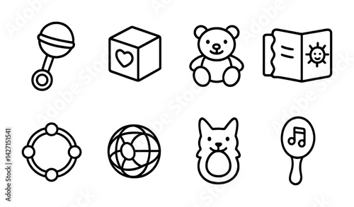 Baby toys outline icon set – linear style nursery and infant play symbols for early childhood, development, learning: rattle, block, teddy bear, book, tambourine, globe