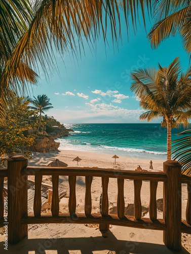 
Landscape of a sunny beach, view from the balcony of a luxurious resort in the tropic. 