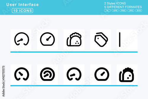 Set of 5 solid user interface icons,tachometer, average, fast, fastest, slow