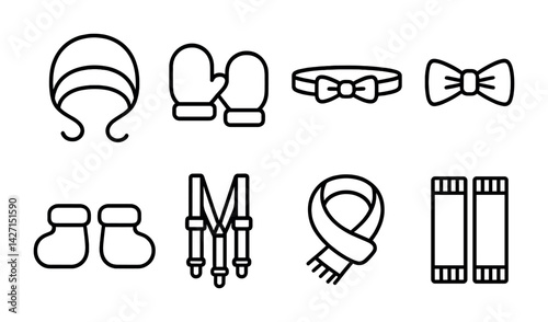 Winter accessories icon set – outline style fashion and clothing symbols for seasonal wear: hat, mittens, bow tie, scarf, socks, suspenders, headband