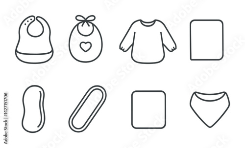 Baby accessories icon set – outline style nursery and infant essentials symbols for childcare, clothing, and feeding: bib, baby shirt, blanket, diaper, burp cloth, bib bandana