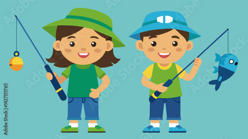 A pair of siblings proudly showing off their matching fishing gear ready to show the other competitors that age doesnt determine skill in the derby.. Vector illustration