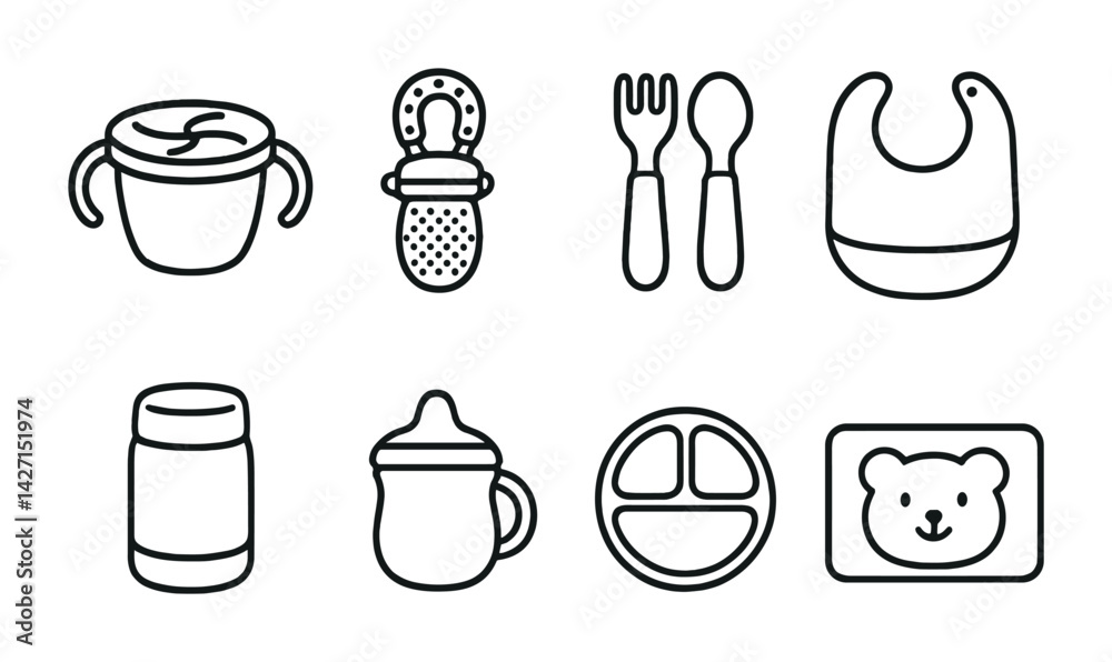 Baby essentials icon set – line style newborn and infant symbols for childcare and parenting: sippy cup, pacifier, utensils, bib, jar, bottle, plate, placemat