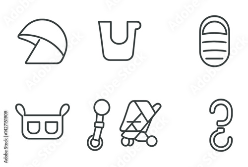 Baby essentials icon set – outline style symbols for newborn care and parenting support: pacifier, stroller, baby bottle, diaper bag, cradle, baby monitor, bath tub
