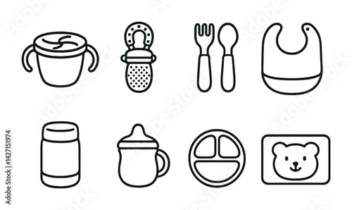 Obraz na płótnie Baby essentials icon set – line style newborn and infant symbols for childcare and parenting: sippy cup, pacifier, utensils, bib, jar, bottle, plate, placemat w salonie
