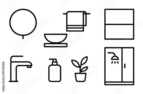 Bathroom and hygiene outline icons set – linear style cleanliness and interior symbols for home design, decoration, and organization: mirror, towel, soap, shower, plant, sink
