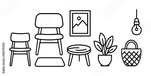 Home decor icon set – outline style furniture and interior design symbols for home styling, decoration, and lifestyle: chair, table, plant, wall art, lamp, basket