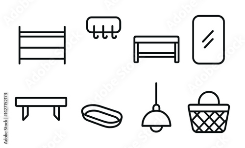 Home decor and furniture icon set – line style for interior design, home organization, and decoration: shelf, hook, bench, mirror, table, pool, lamp, basket