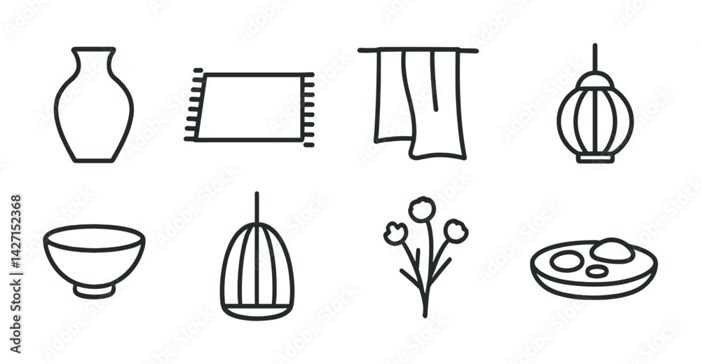 Asian culture icon set – outline style symbols for traditional heritage and decor: vase, rug, towel, lantern, bowl, blossom, zen garden