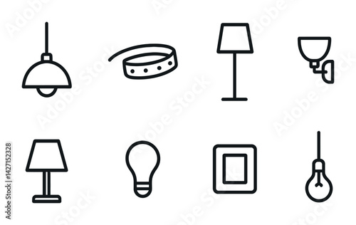 Home lighting and decor icon set – outline style illumination and interior design symbols for room ambiance, lighting fixtures, and decoration: pendant lamp, smart bulb, switches, lampshade, wall